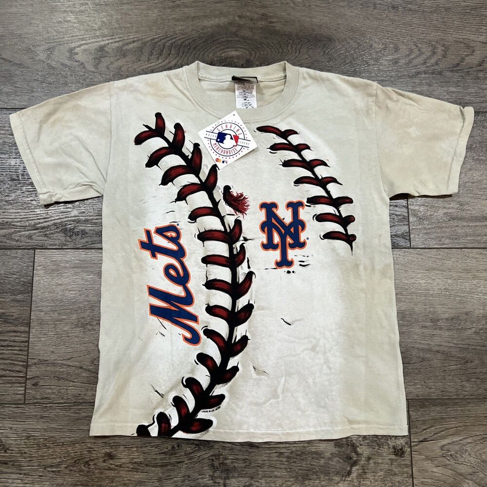NWT! Vintage Liquid Blue New York Mets Baseball Laces T-Shirt Kids Med Women Sml
